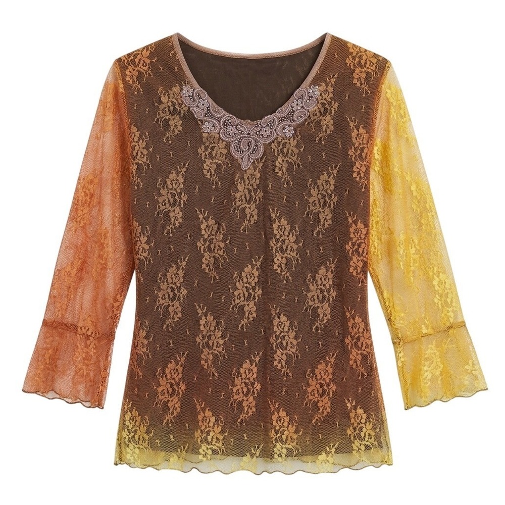 Turtledove Y2K Boho Lace Mesh Whimsigoth Ombre Fairy Grunge Ruffle Size L Blouse